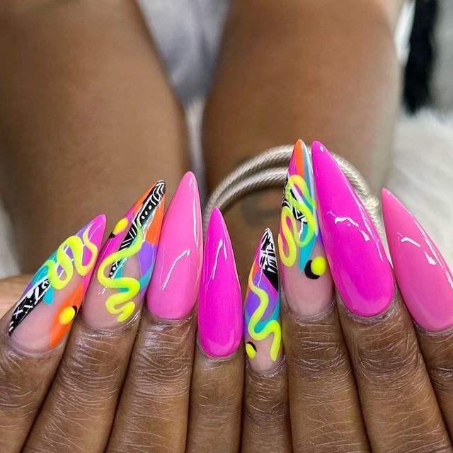 Carla Brandon🇯🇲 on Instagram: "#nails #nailart #nailsofinstagram #manicure #nailsoftheday #gelnails #u #beauty #nail #nailsart #nailsdesign #nailsonfleek #naildesign #acrylicnails #longnails #nailstagram #naildesigns #nailstyle #instanails #nailsnailsnails #nailartist #nailpolish #nailinspo #love #nailswag #jeans👖 #gelpolish #unhas #gel #animalprint" 80s Themed Nails, 80s Nails Designs, 80’s Nails, Neon Manicure, 80s Nails, 2023 Nails, Sassy Nails, Vibrant Nails, Dope Nail Designs