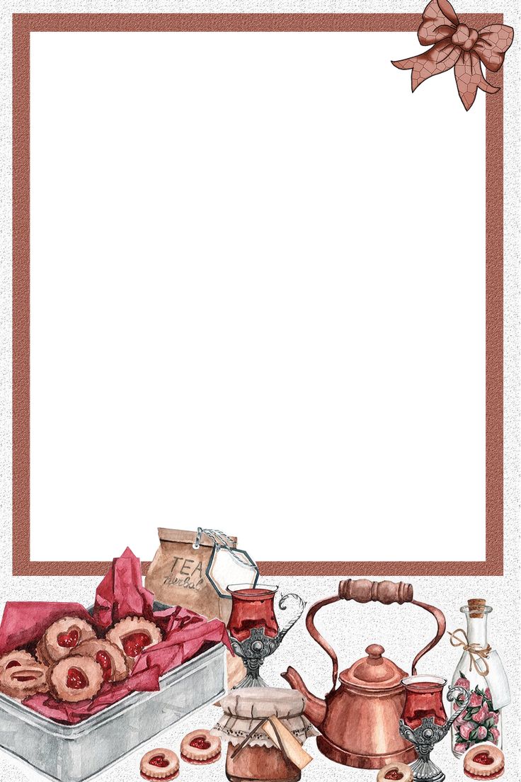 a watercolor painting of tea and pastries in front of a white background with a brown border