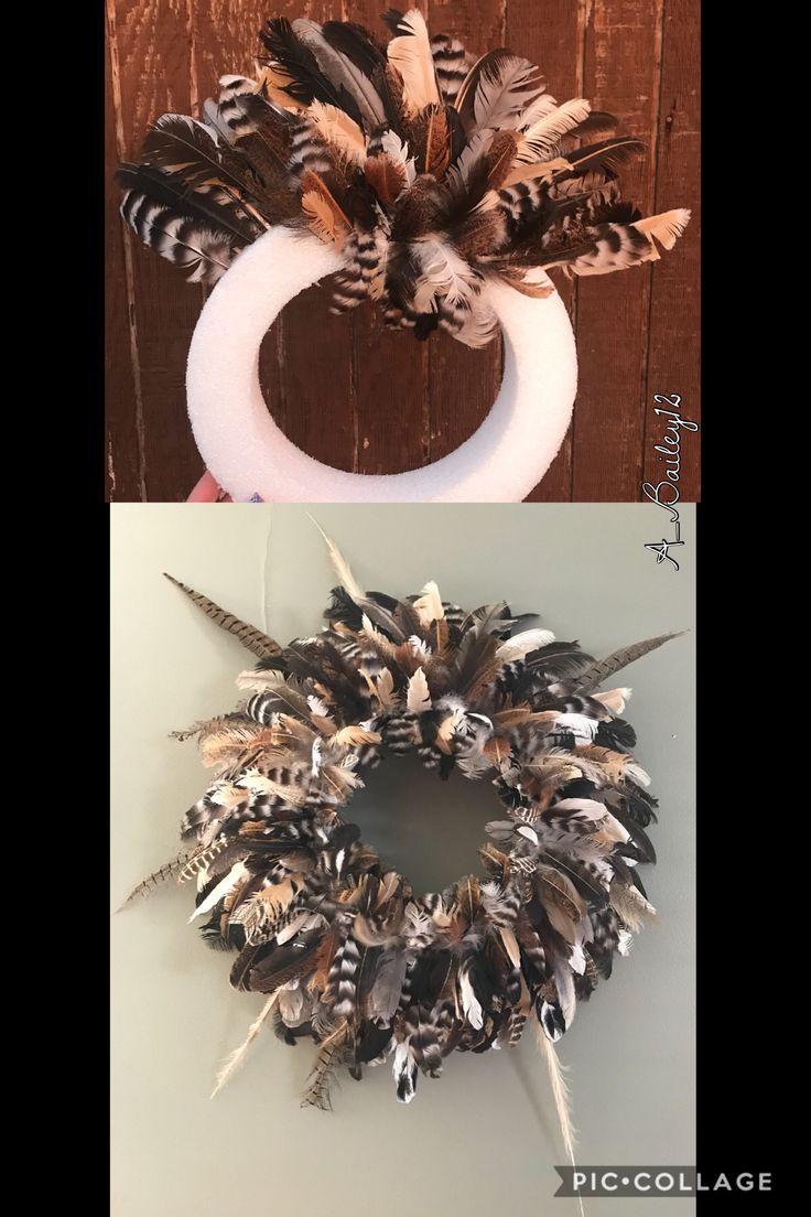 two pictures one with feathers and the other has a wreath made out of fake feathers