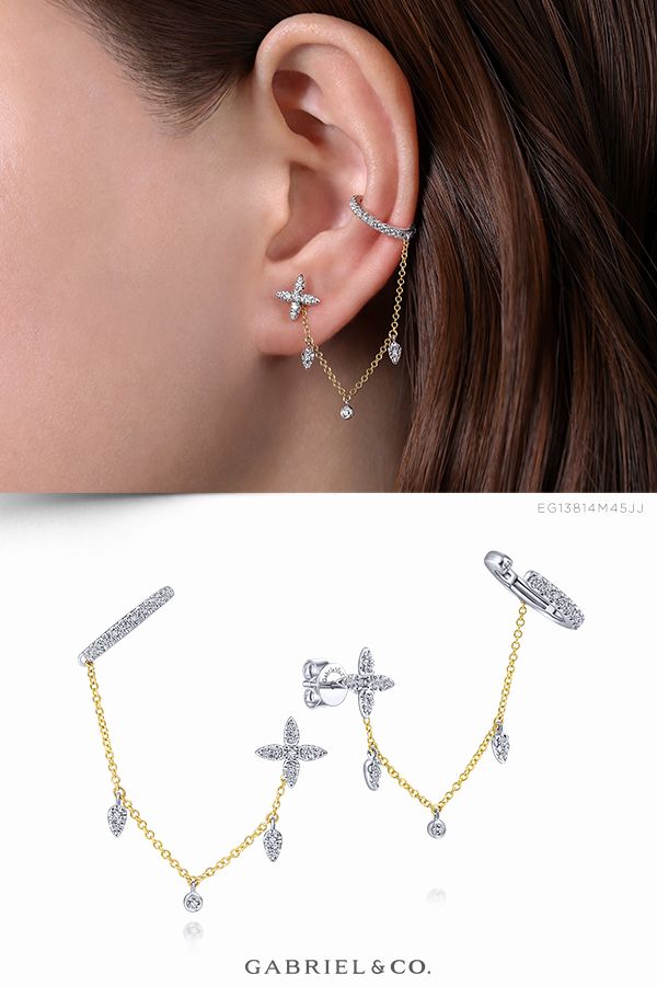 14K Yellow-White Gold Fashion Earrings EG13814M45JJ #GabrielNY #DiamondJewelry #FineJewelry #GabrielAndCo #UniqueJewelry#FineJewelry#FashionJewelry#UniqueJewelry#GiftIdeas#UniqueGifts#DiamondJewelry #Jewelry#Earrings #FashionEarrings#Yellow WhiteGoldEarrings Single Earring Trend, Geometry Fashion, Girlfriend Necklace Gift, Tuareg Jewelry, Daith Piercing Jewelry, Girlfriend Jewelry, Diamond Ear Cuff, Gold Jewelry Outfits, Hearts On Fire