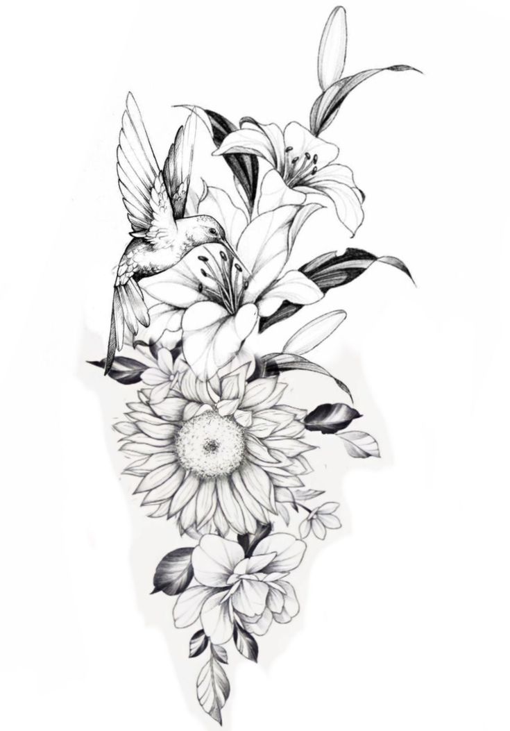 a black and white drawing of flowers with birds flying around it on a white background