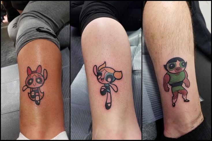 three tattoos on the legs of people with cartoon characters tattooed on their arm and leg