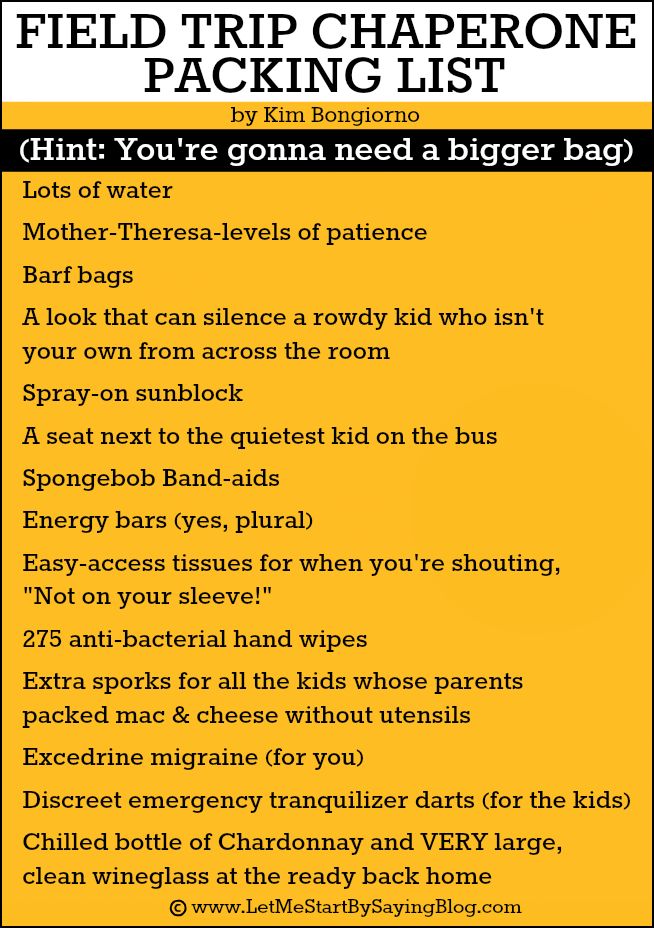 a black and yellow poster with the words field trip chaparone packing list