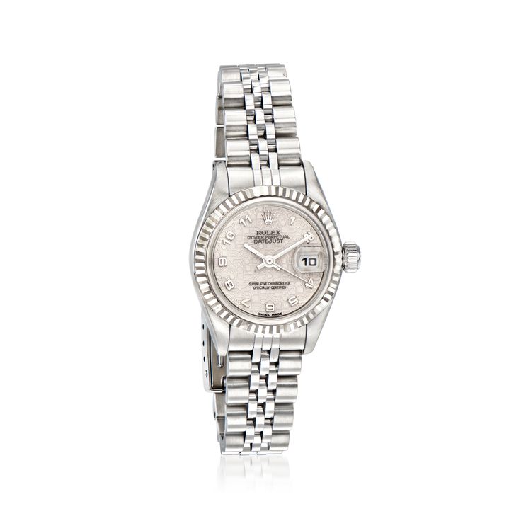 Pre-Owned Rolex Datejust Women's 26mm Automatic Stainless Steel, 18kt White Gold Watch. C. 2002. Experience the renowned luxury of a pre-owned Rolex with this Datejust women's watch. The timepiece features Swiss automatic movement, synthetic sapphire crystal, 26mm case, silver jubilee Arabic dial, 18kt white gold bezel, and stainless steel crown and jubilee bracelet that finishes with a foldover clasp. Water-resistant up to 100M. Pre-owned Rolex 18kt white gold and stainless steel watch. Ross-Si Rolex Silver Woman, Rolex Watches Women Silver, Watch Rolex Women, Womens Watches Silver, Rolex Datejust Women, Luxury Wishlist, White Gold Watch, Gold And Silver Watch, Rolex Watches Women