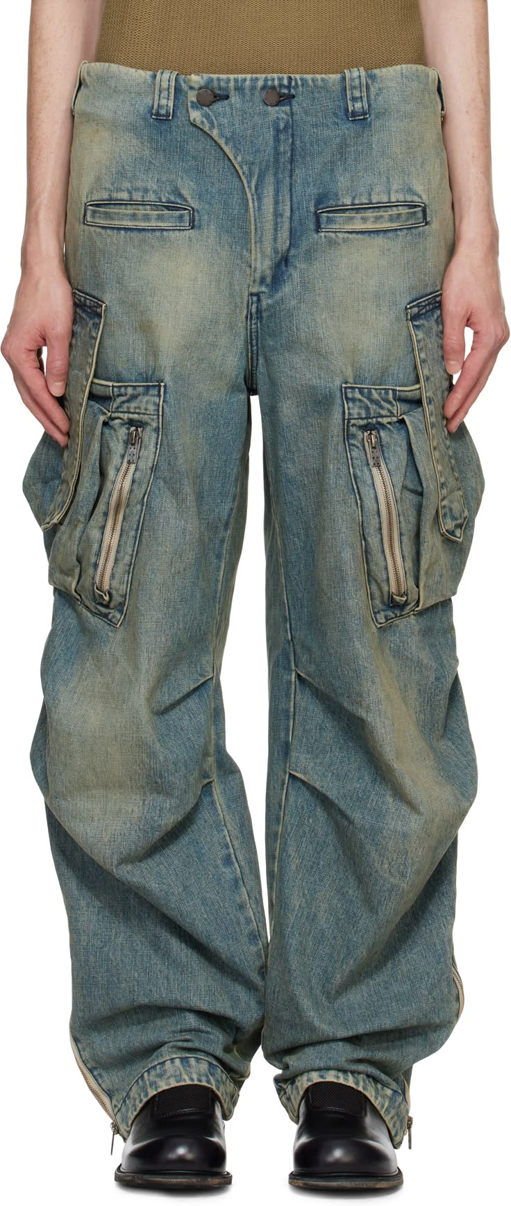 Non-stretch denim cargo pants. · Fading throughout · Belt loops · Four-pocket styling · Zip-fly · Welt and utility pockets at outseams · Pleats at knees · Zip vent at cuffs · Logo patch at back waistband Supplier color: Indigo Blue Denim Cargo Pants, Malibu Blue, Red Wing Boots, Latest Jeans, Denim Cargo Pants, Denim Cargo, Bleached Denim, Scarf Shirt, Utility Pockets