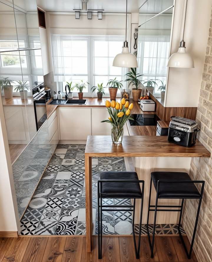 the kitchen is clean and ready to be used as a dining room or living area