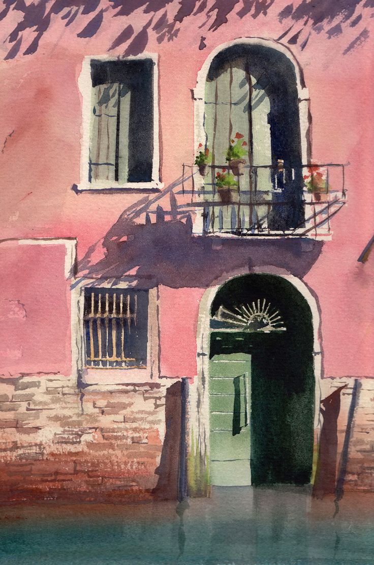 a painting of a pink building with green door and window sill on the water