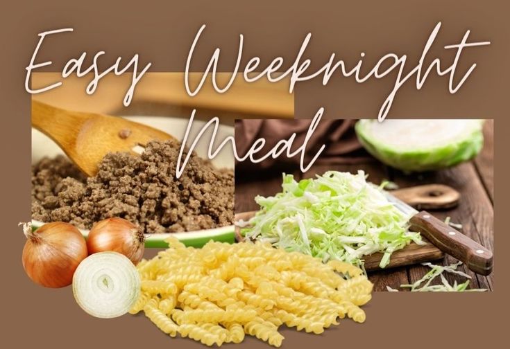 the words easy weeknight meal are shown above pictures of vegetables and meat, including noodles