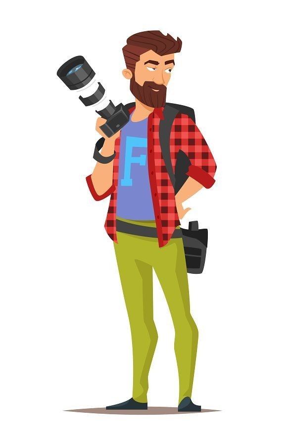 a man with a beard holding a camera and a lens in his hand, cartoon character