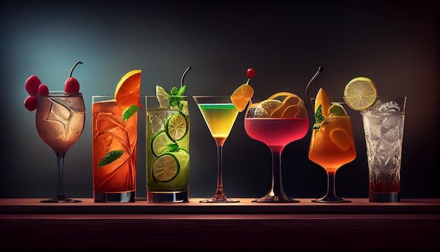 various types of cocktails lined up on a table