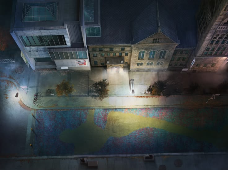 an aerial view of a city at night