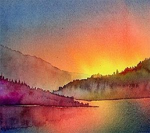 watercolor painting of the sun setting over mountains and lake with trees in foreground