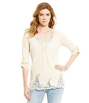 Reba Athena Crochet-Trimmed Tunic Spring Peasant Top With 3/4 Sleeves, Spring Embroidered Cotton Top With 3/4 Sleeves, Peasant Style 3/4 Sleeve Tops For Spring, Peasant Style 3/4 Sleeve Spring Tops, Cotton Embroidered Top With 3/4 Sleeves For Spring, Bohemian Spring Tunic With 3/4 Sleeves, Casual Embroidered Top With 3/4 Sleeves For Spring, Casual Embroidered Top With 3/4 Sleeves, Clothing Apparel