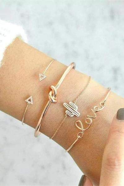 Fashion Letter Cactus Bracelet – modevova The Bangles, Gold Armband, Bangle Bracelet Set, Simple Bracelets, Women's Jewelry And Accessories, Cute Bracelets, Bling Bling, Cute Jewelry, Shinee