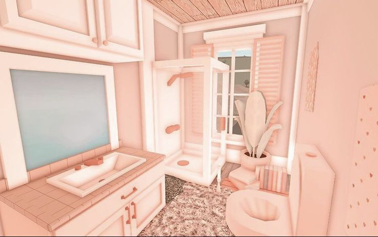 Preppy Bloxburg Bathroom, Beach House Bathroom Bloxburg, Bloxburg Decor, Blush Bathroom, Pastel Bathroom, Preppy House, Blush Bedroom, 1 Story House, Beautiful Pantry