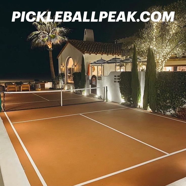 a tennis court is lit up at night with palm trees in the foreground and a house behind it