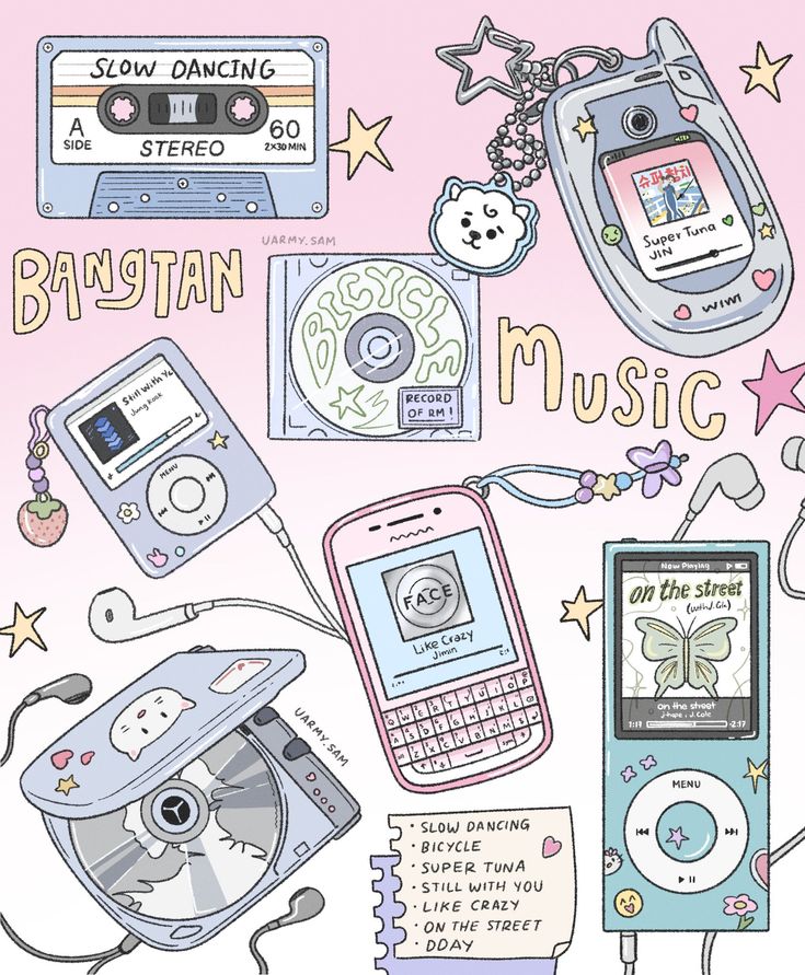 an image of various electronic gadgets and music items on a pink background with stars