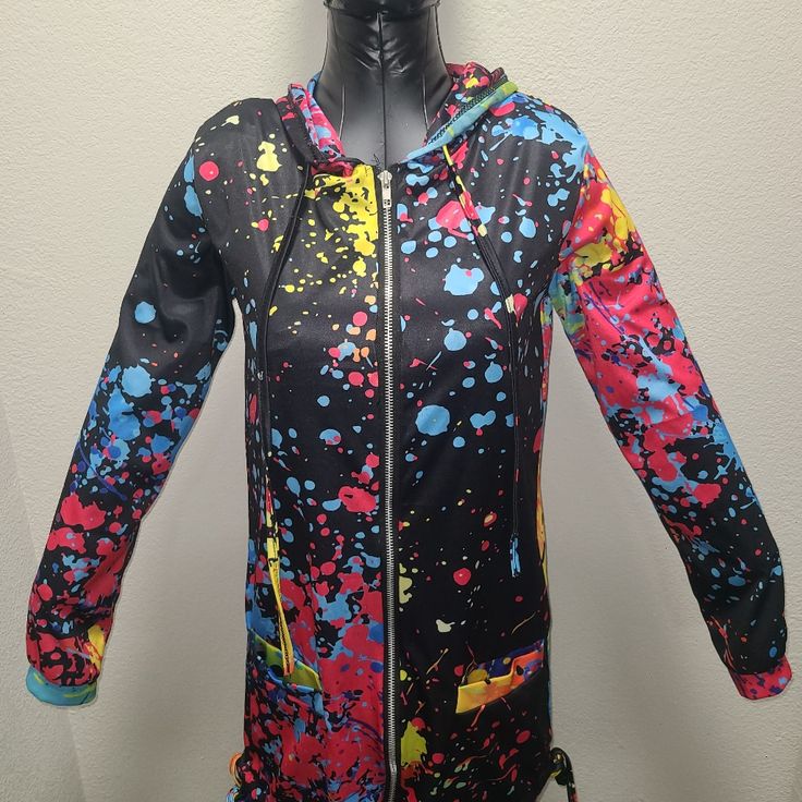 Women's Size Small Jacket (Jacket Can Be Cinched Up By Using The Side Ties) Trendy Multicolor Hooded Windbreaker, Trendy Multicolor Long Sleeve Windbreaker, Urban Multicolor Outerwear For Spring, Urban Multicolor Spring Outerwear, Trendy Multicolor Hooded Hoodie, Multicolor Spring Hoodie, Trendy Multicolor Long Sleeve Hoodie, Urban Multicolor Hooded Hoodie, Multicolor Hooded Hoodie With Pockets