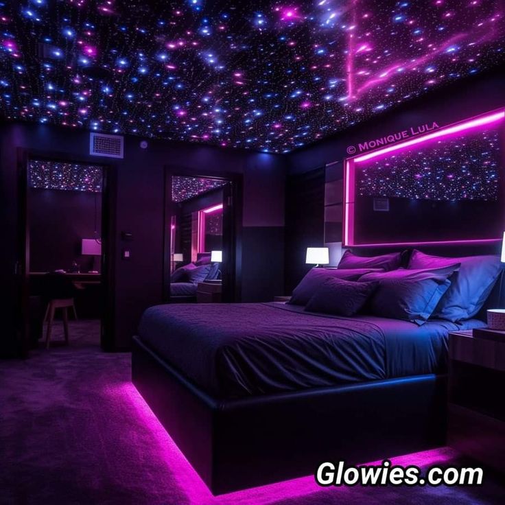 a bed room with a neatly made bed and purple lights on the ceiling above it