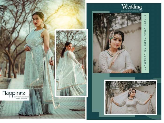 two pictures of women in white and blue outfits, one is wearing a sari