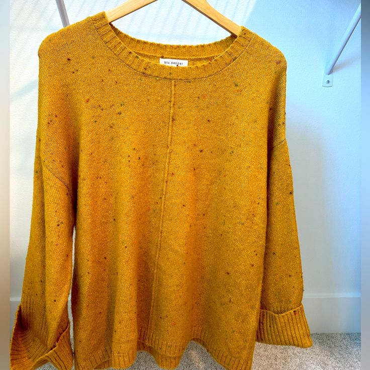 Gold Yellow Bell Sleeve Super Soft Pullover Sweater By Blu Pepper. Multicolor Threads Woven Into Material. Cuffed Bell Sleeves. Never Worn. Yellow Crew Neck Top For Fall, Oversized Long Sleeve Yellow Sweater, Trendy Mustard Long Sleeve Sweater, Trendy Long-sleeved Yellow Sweater, Trendy Yellow Long Sleeve Sweater, Yellow Knit Winter Tops, Yellow Long Sleeve Sweater With Ribbed Cuffs, Yellow Soft Knit Tops For Fall, Yellow Crew Neck Sweater For Winter