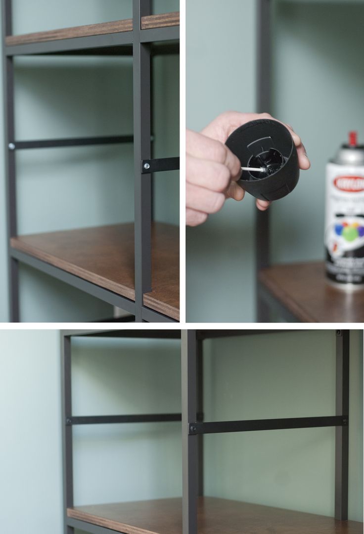 three pictures of shelves with one holding a spray bottle and the other showing an open shelf