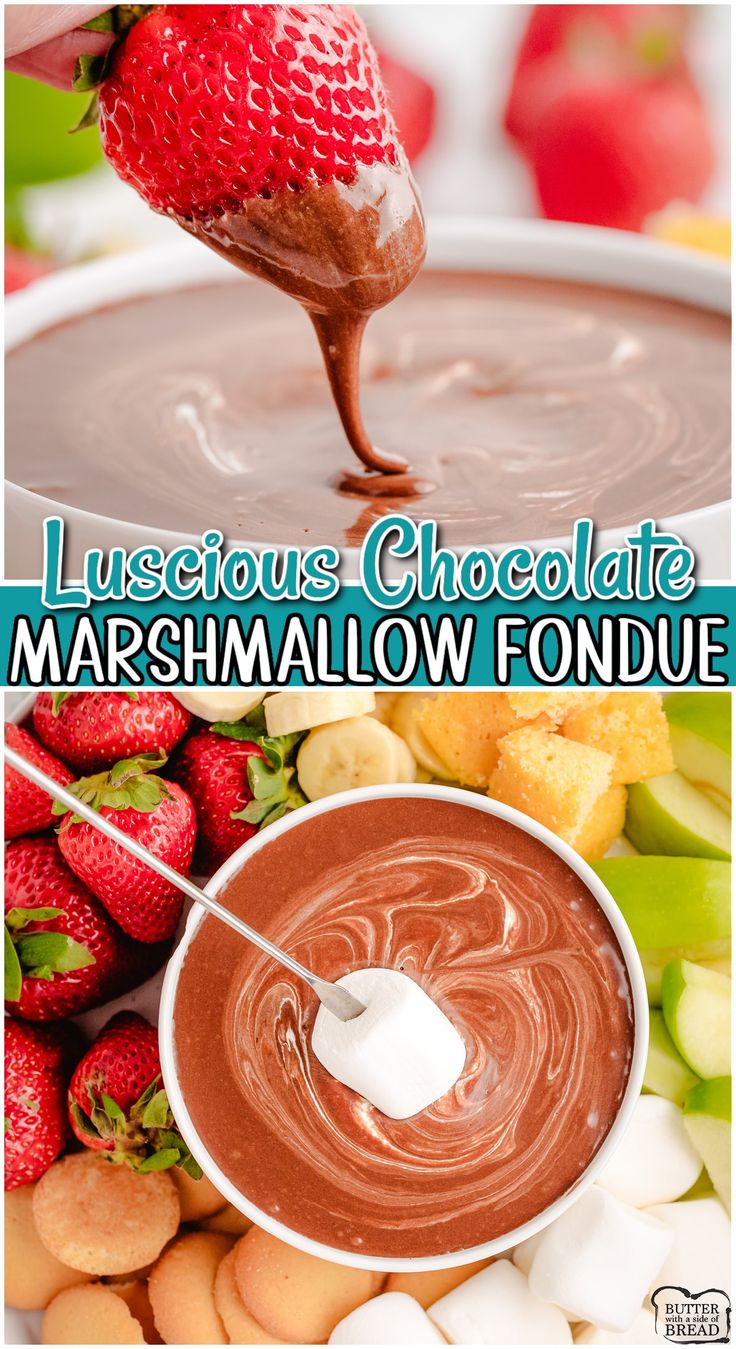 a chocolate marshmallow fondue is being dipped with a spoon and surrounded by fresh fruit