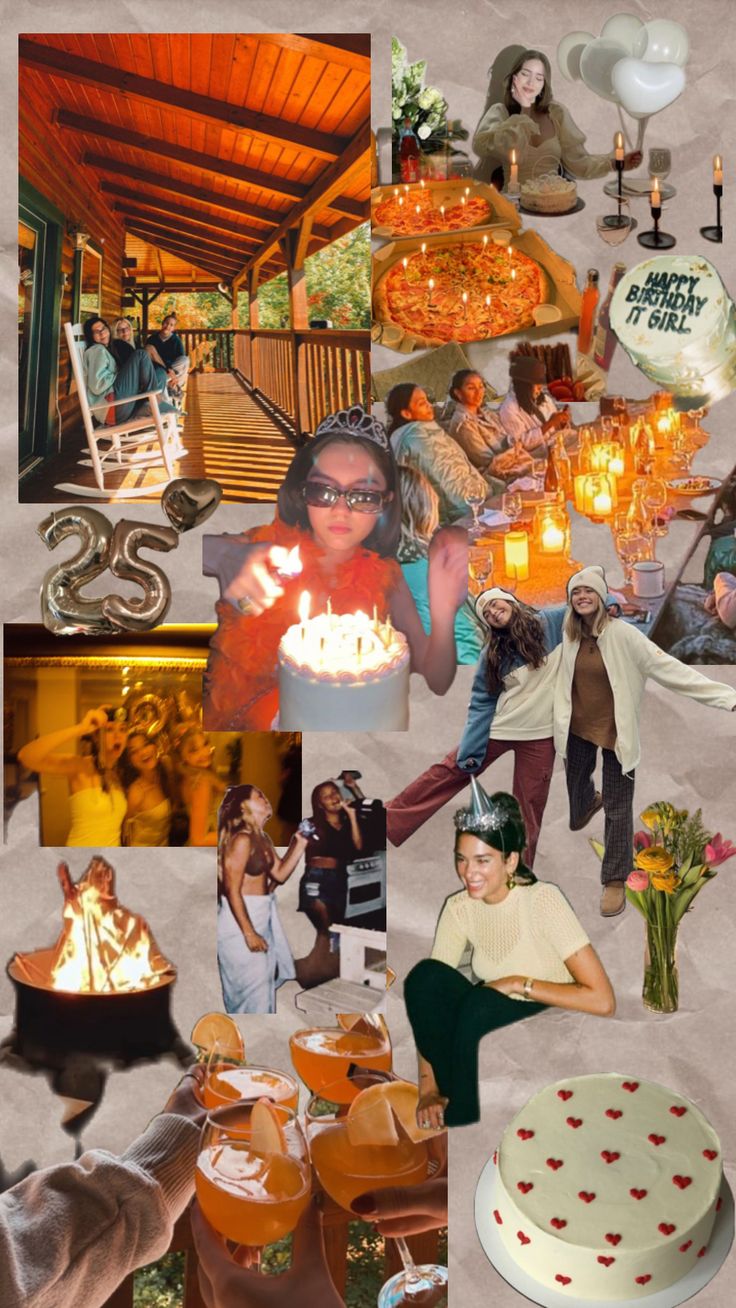 a collage of photos with people and food on them, including cake, candles, flowers, and other items