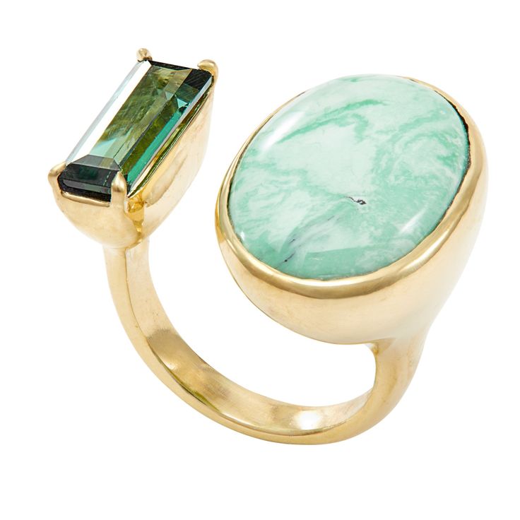 Green tourmaline, green variscite, 18k yellow gold. Size 7. Polished Green Tourmaline Jewelry, Unique Green Emerald Ring In 14k Gold, Unique 14k Gold Emerald Ring, Unique 14k Gold Green Emerald Ring, Unique Green Emerald 14k Gold Ring, Luxury Green Tourmaline Emerald Ring, Green Tourmaline Ring For May Birthstone, Unique Green Tourmaline Rings, Peruvian Opal