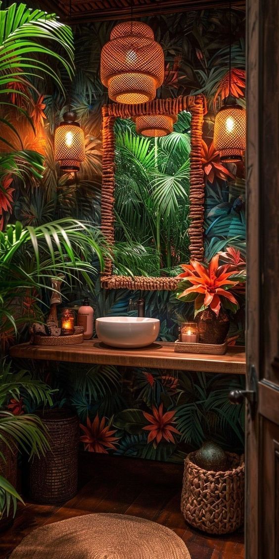 a bathroom decorated with tropical plants and lights