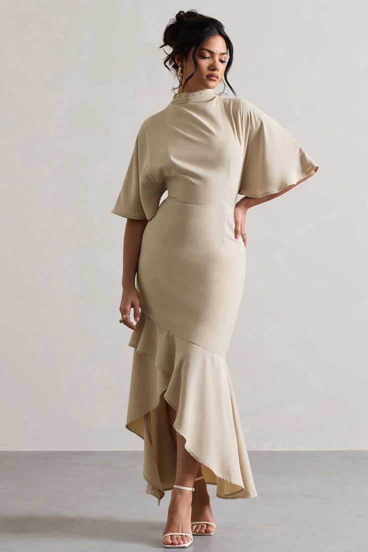 A flawless occasion piece, Lavinia has everything you need to stand out from the crowd. Crafted in an opulent champagne hue of our premium woven fabric, this maxi is defined by its high neckline and sweet flutter sleeves. Complete with an asymmetric hemline, style yours with some statement heels for your next event. Fe High Neck Long Sleeve Dress, Statement Heels, Club L London, Church Fashion, Black Tie Gala, Fall 24, Bridesmaid Outfit, Black Velvet Dress, Invisible Zip