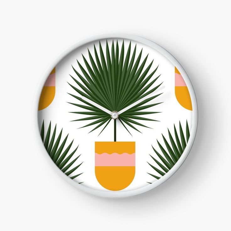 a clock with palm leaves and oranges on it's face, in front of a white background