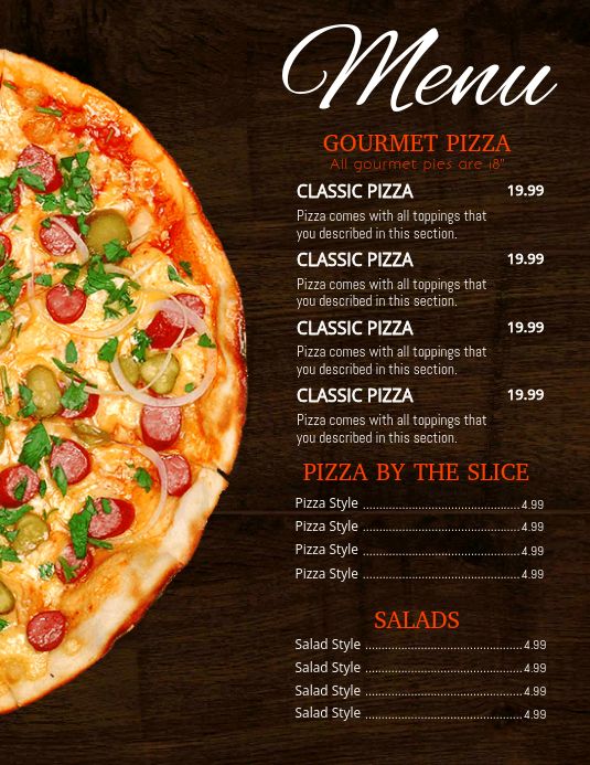 a menu for a restaurant with a large pizza on the front and side, including toppings