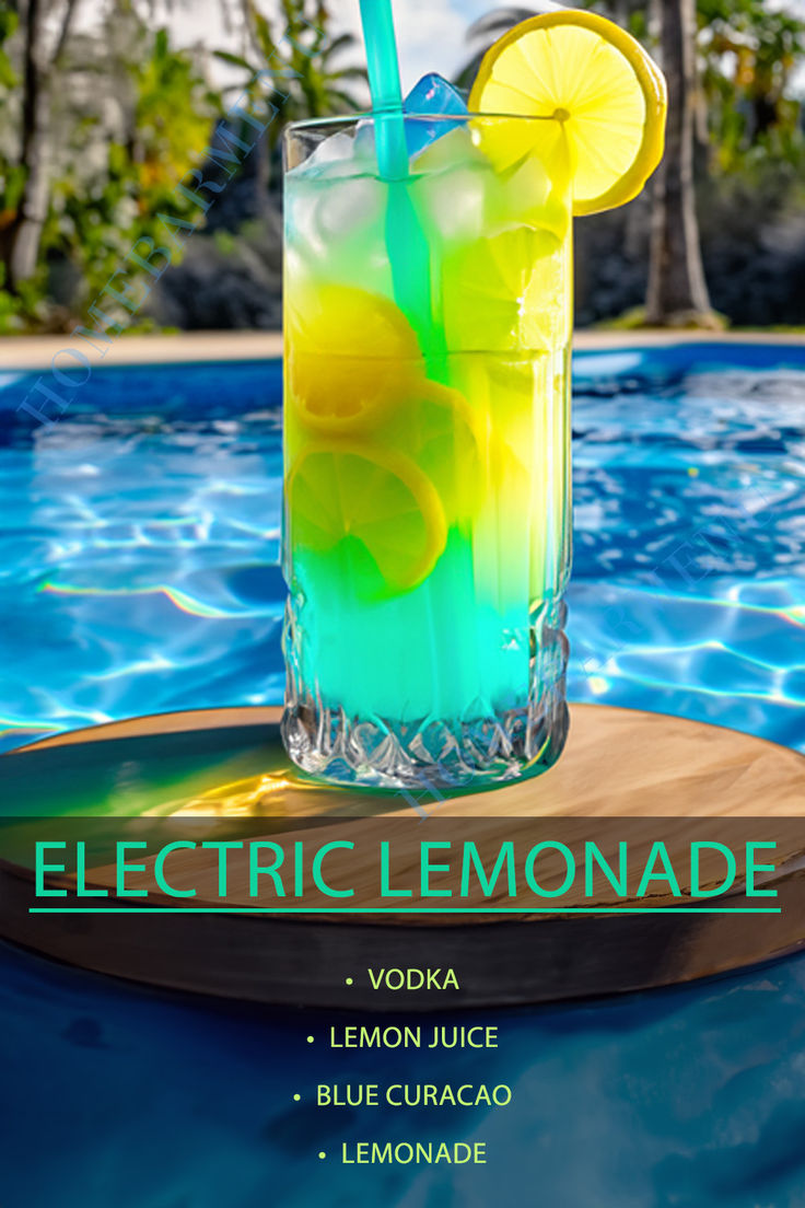 an advertisement for a lemonade drink in front of a swimming pool with the words electric lemonade