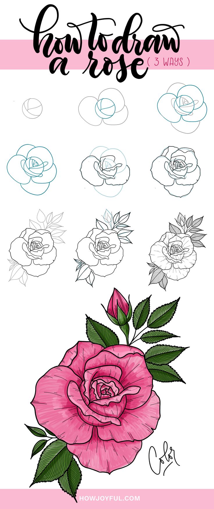 a drawing of a pink rose with green leaves and flowers in the center, on a white background