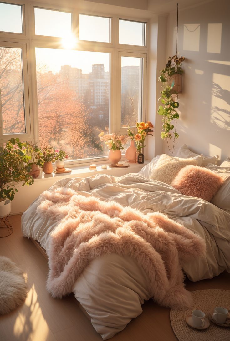 the sun is shining through the windows in this bedroom