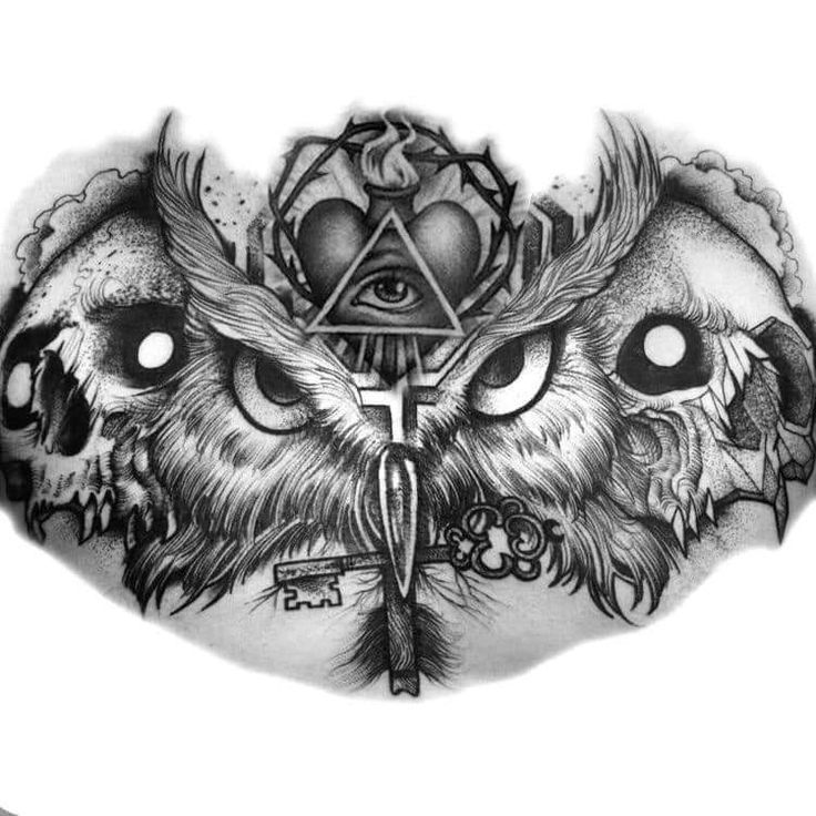 an owl with a cross on it's chest is shown in this tattoo design