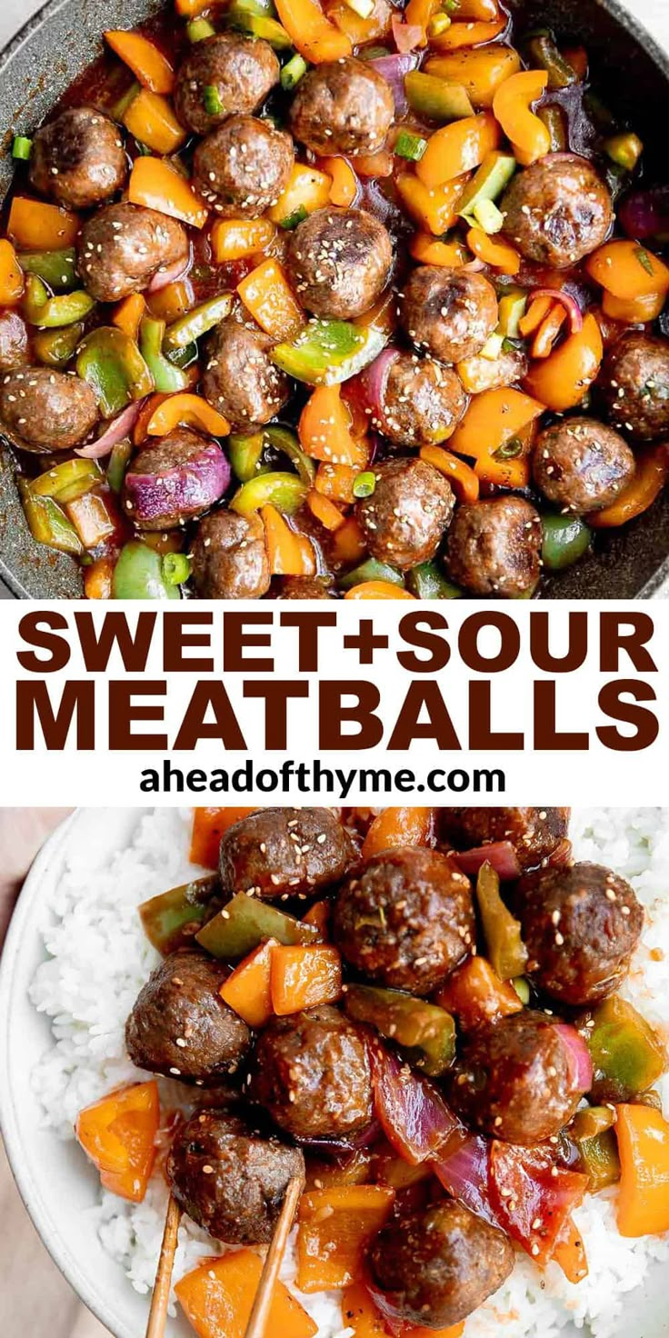 sweet and sour meatballs with vegetables in a skillet