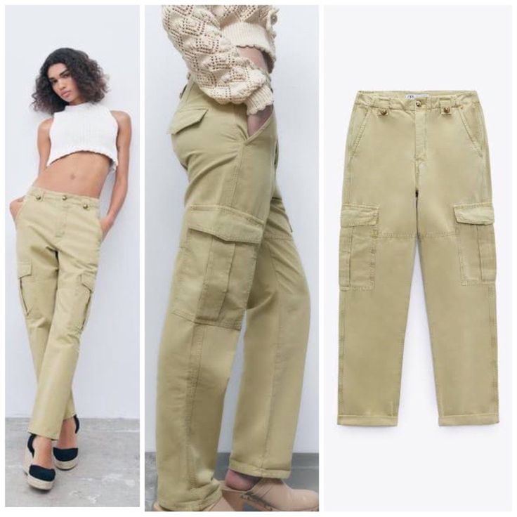 New With Tags Zara Gold Button Cargos Pants.Size 4 Luxury Beige Zara Pants, Spring Khaki High-waisted Work Pants, Spring Utility High-waisted Pants, Spring High-waisted Utility Pants, Spring Mid-rise Khaki Cargo Pants, Utility Khaki Pants With Button Closure, High Waist Cargo Jeans For Spring Workwear, Mid-rise Cargo Pants With Button Closure For Spring, Khaki Utility Pants With Button Closure