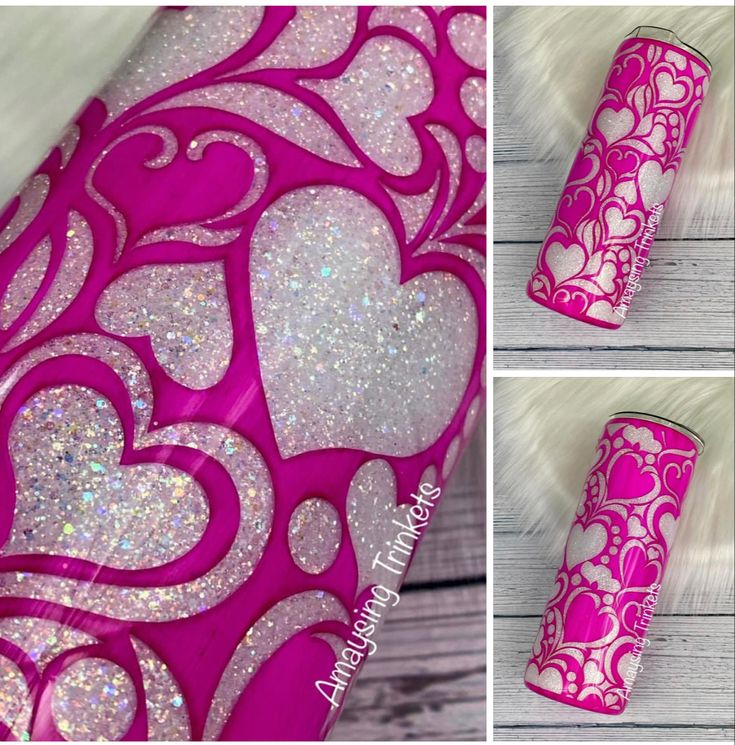 the pink and white glitter is next to an image of heart shaped bottles with hearts on them