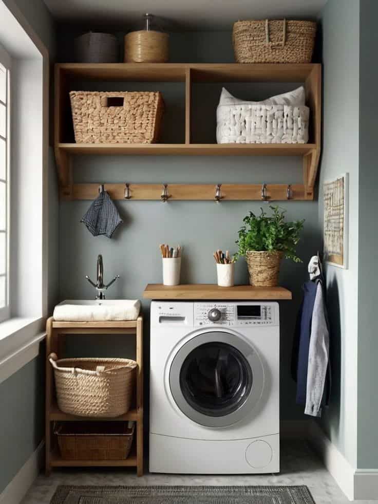 a washer and dryer in a small room with wooden shelves above the washer