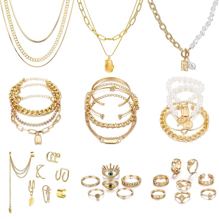 PRICES MAY VARY. [AFFORDABLE JEWELRY SET] : Well-chosen fashion jewelry set, Necklace, Bracelet, Knuckle Rings and ear Cuffs Earrings. Catch the whole lot in an action, enrich your jewelry box. [PERFECT DESIGN] : Made of high quality alloy, plated real gold twice and tarnish-resistant to ensure they can't be faded in a long time, Hypoallergenic and no harm to your body. [EASY MATCH] : The set has various styles, wear together or separately or match it with your other jewelry according to the pla Vacation Jewelry, Valentine Anniversary, Gold Jewelry Sets, Packing Jewelry, Multi Layer Necklace, Women's Jewelry Sets, Ear Cuff Earings, Chunky Bracelets, Fashion Jewelry Sets