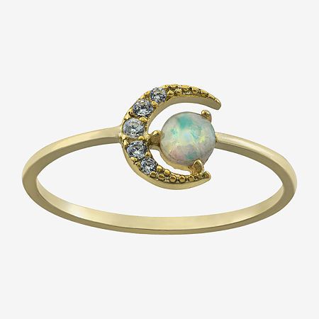 Adding this Silver Treasures 14K gold over silver opal moon ring to your jewelry collection, you are adding sophistication. This ring is crafted in 14K gold over silver and features a simulated opal stone along with Cubic Zirconia stones. With the delicate and sparkling design, this ring can be worn with any wardrobe choices. This ring can be worn alone or with other favorites from your jewelry collection. Wipe ring clean with a soft cloth.Ring Style: Delicate Rings, Stackable Rings, BandsFeatur Gold Opal Birthstone Ring, Gold Opal Ring With Birthstone, Moon Shaped 14k Gold Ring, Gold Opal Promise Ring In Sterling Silver, Celestial Style Opal Round Rings, Gold Moon Shaped 14k Gold Ring, Celestial Style Round Opal Ring, 14k Gold Moon Shaped Ring, Moon Shaped Opal Promise Ring