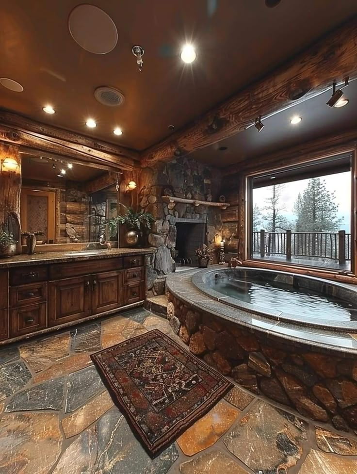 a large bathroom with stone walls and flooring is pictured in this image, there are lights on above the bathtub