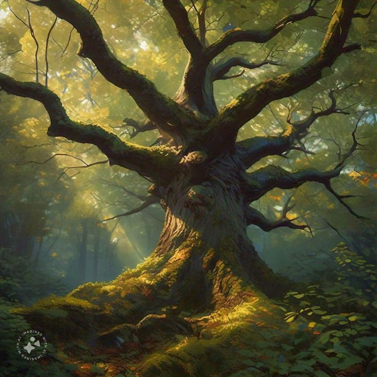 a painting of a tree in the middle of a forest with sunlight streaming through it