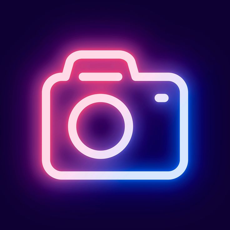 a neon camera on a dark background