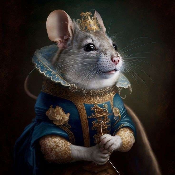 a painting of a mouse dressed in blue and gold