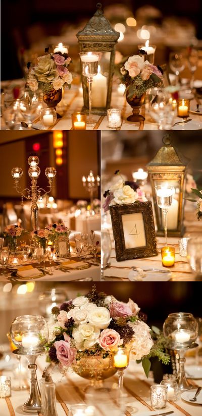 two pictures of tables with candles and flowers on them, one has a photo frame