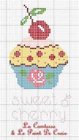 a cross stitch cupcake with a cherry on top, and the words sweet as can be