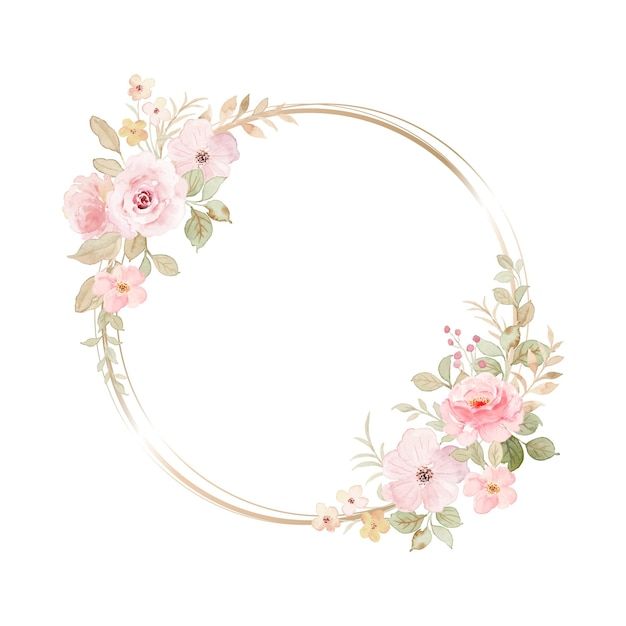 a circular frame with pink flowers and leaves on the edges, painted in watercolor